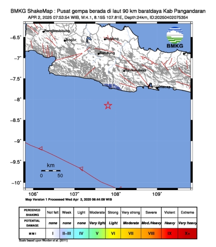 Dua hari Pasca Lebaran, Gempa M 4,1 Guncang Pangandaran Jawa Barat